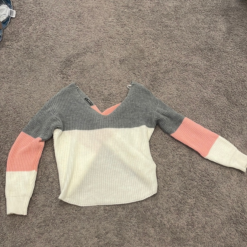 Pink, white, and gray sweater